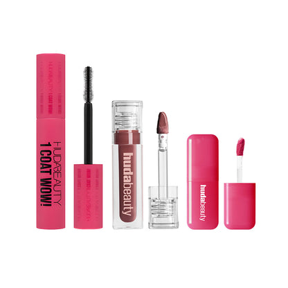 Huda Beauty Mascara, Blush & Lipgloss Trio – 50% OFF